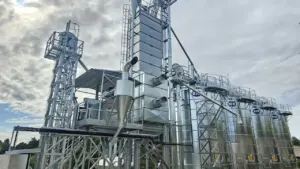 Dideli cinkuoto metalo grūdų elevatorių bokštai ir pramoninė džiovykla po debesuotu dangumi.