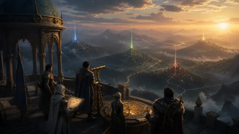 Originali fantastinio MMORPG pasaulio iliustracija serverių pasirinkimo gidui