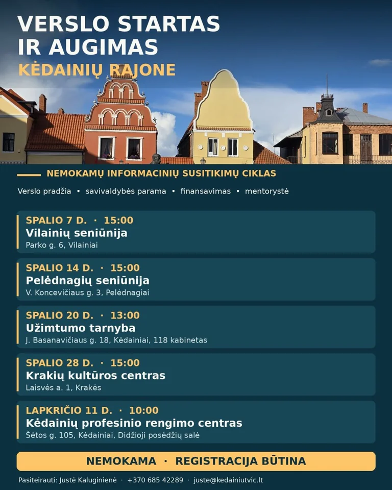 „Verslo startas ir augimas“ Kėdainiuose: nemokami susitikimai nuo spalio 7 d.