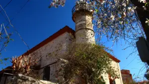 Istorinis minaretas Kėdainių parke, apsuptas pavasarinės žalumos ir žydinčių medžių šakų.